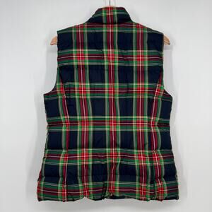 Talbots Down Puffer Vest Womens Medium Navy Blue Red Green Plaid Ruffle Full Zip